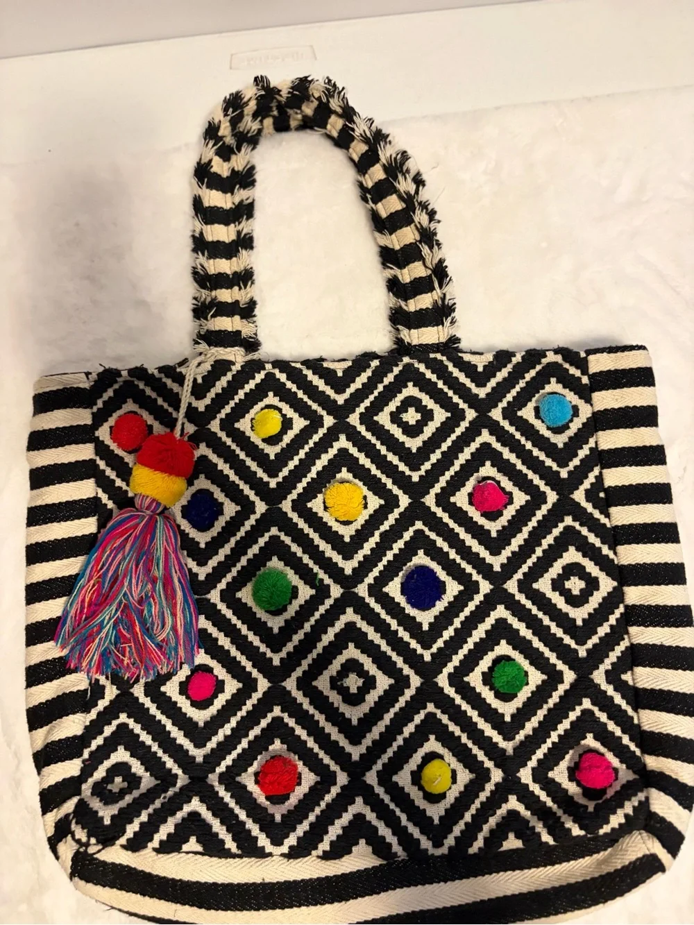 Women’s Black Cream Woven Geometric Tote Bag Colorful Tassel Boho